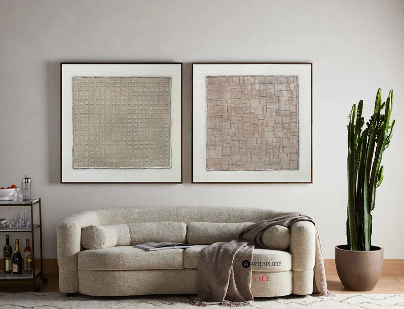 Wabi-sabi Beige Minimalist Art Set of 2 Beige Texture Art Square Minimalist Art For Livingroom