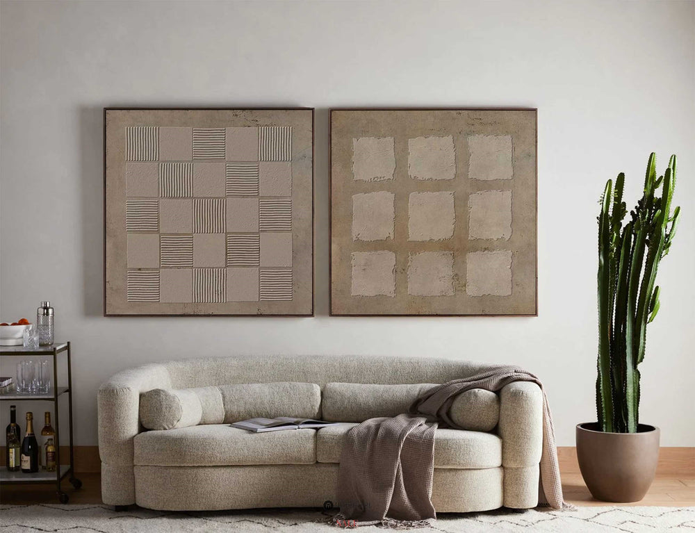 Wabi-Sabi Brown Abstract Art 2 Pieces Minimalist Painting Plaster Painting Square Framed Art