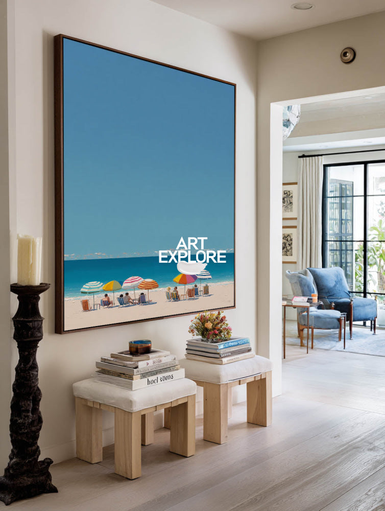 Modern Blue Beach Painting With Colorful Umbrellas For Coastal Living Room Decor