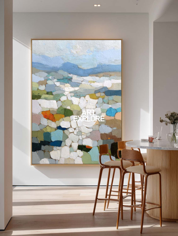 Mosaic Landscape Oil Painting With Textured Brushwork For Modern Living Room Decor