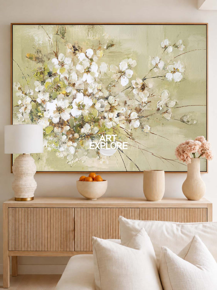 Modern Abstract Floral Painting White Blossoms On Sage Green Canvas For Living Room Decor