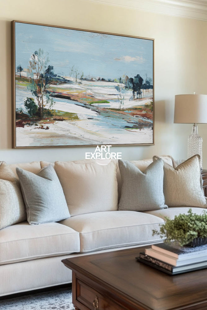 Original Oil Painting Of Frozen Shoreline In Blue Green Brown Tones Ideal For Calm And Sophisticated Interior Design