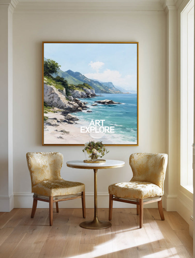 Modern Coastal Landscape Painting With Mountains And Sea For Living Room Decor