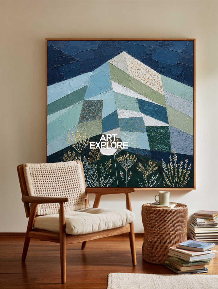 Geometric Mountain Art Painting Blue Green Gold Abstract Square Canvas For Modern Living Room Office Decor