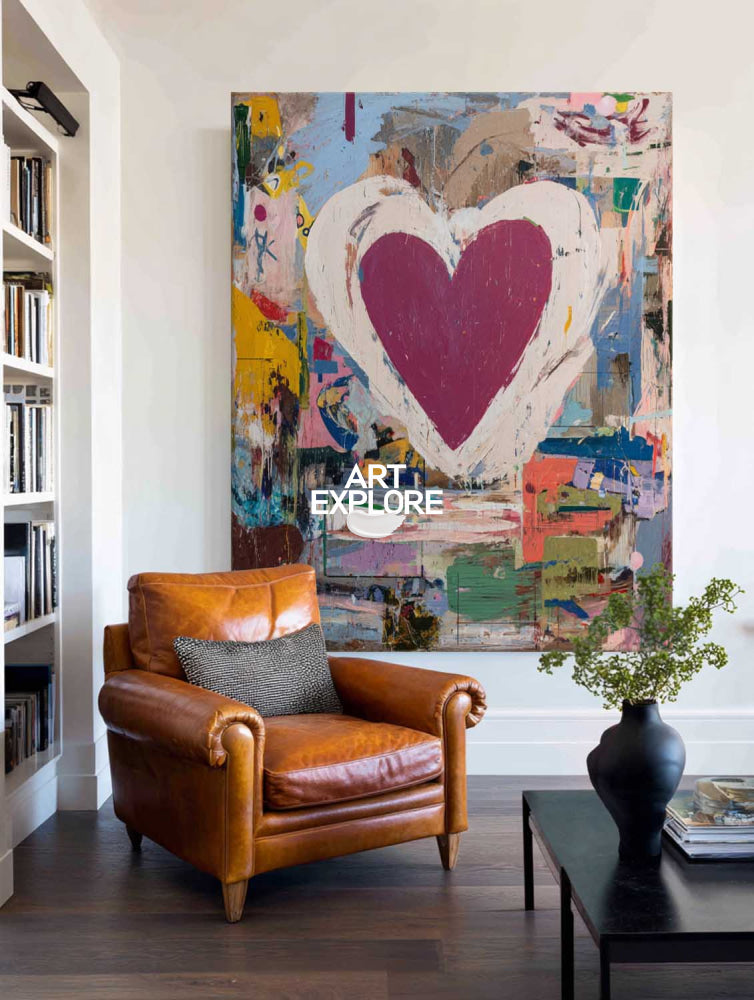 Original Abstract Heart Painting With Colorful Texture For Modern Living Room And Bedroom Decor