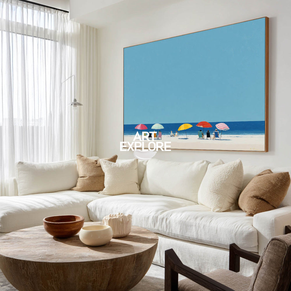 Vibrant Beach Seascape Painting With Colorful Umbrellas For Modern Coastal Home Decor