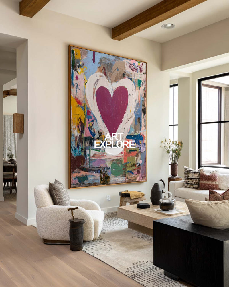 Original Abstract Heart Painting With Colorful Texture For Modern Living Room And Bedroom Decor