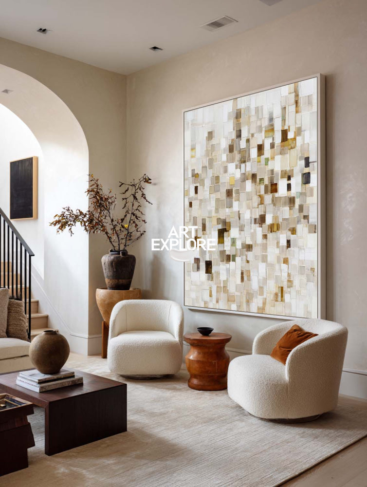 Modern Abstract Beige Painting With Mosaic Texture For Living Room Decor