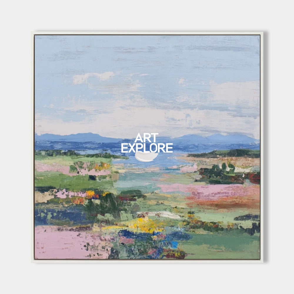 Modern Textured Landscape Painting With Colorful Meadow For Contemporary Home Decor