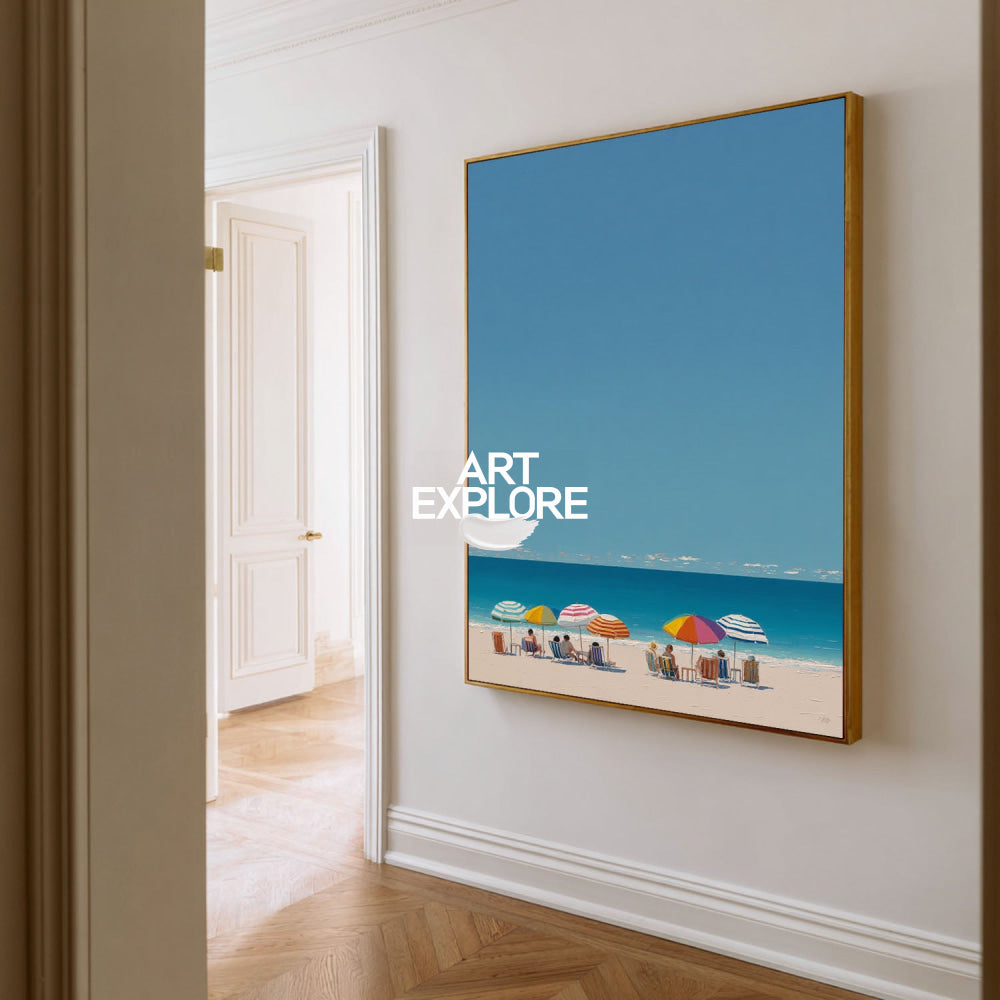 Modern Blue Beach Painting With Colorful Umbrellas For Coastal Living Room Decor