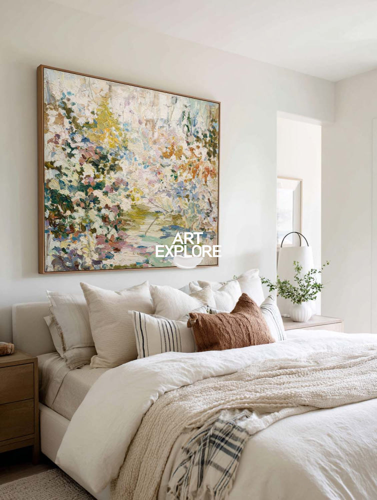 Abstract Botanical Garden Painting With Textured Impasto For Modern Home Decor