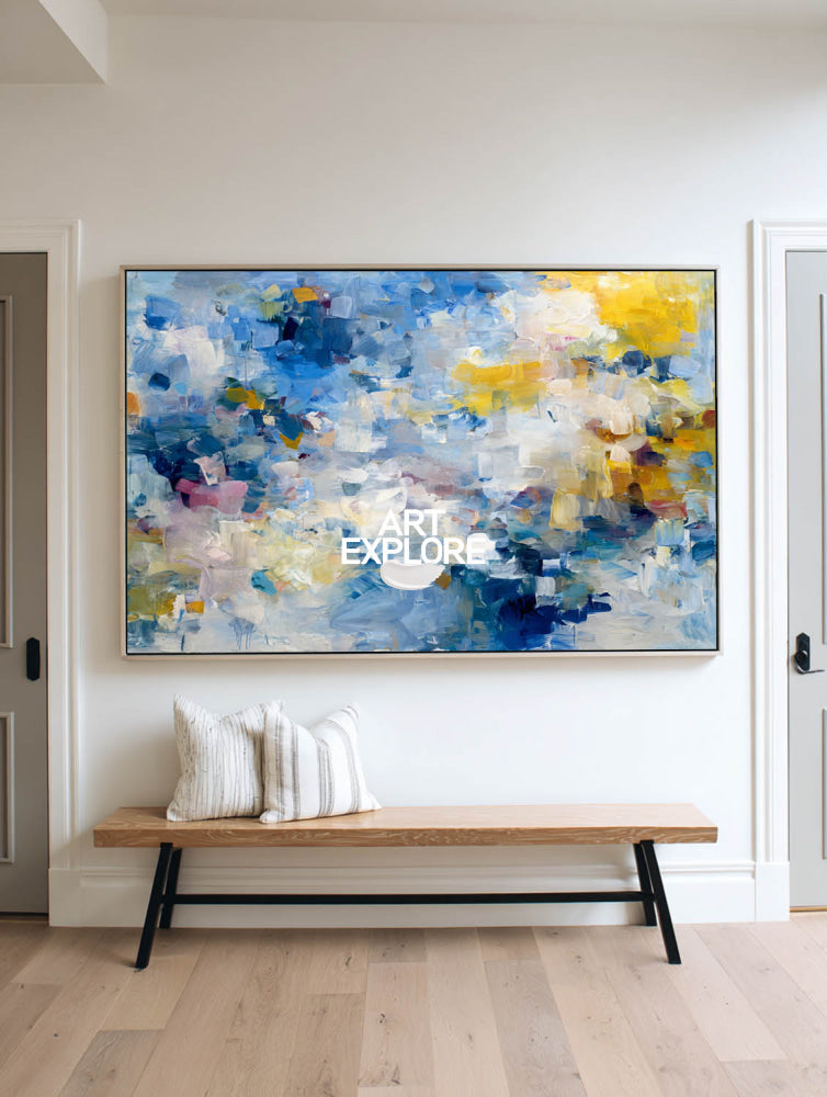 Abstract Impressionist Painting With Blue And Yellow Textured Art For Modern Living Room