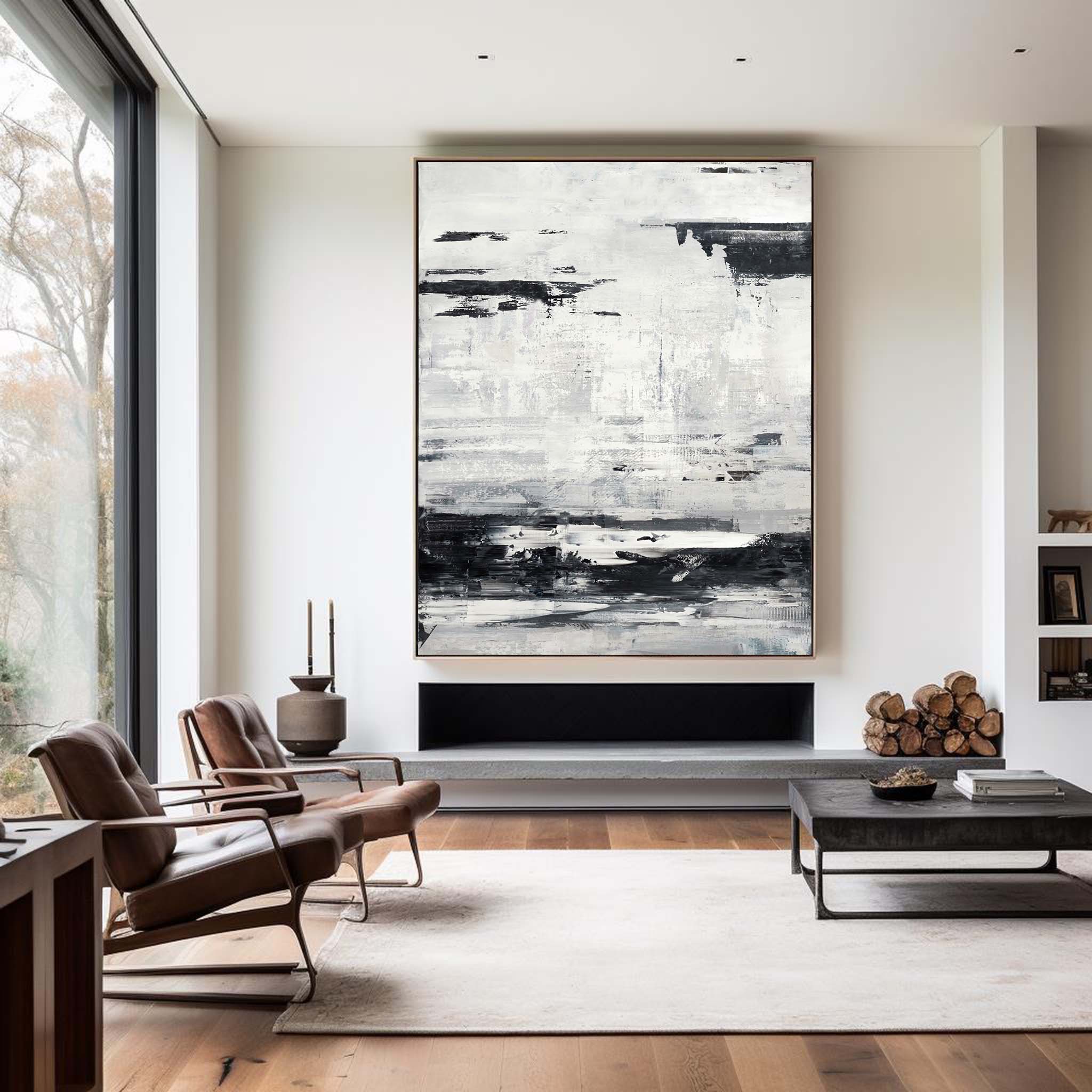 Large Black And White Beach Canvas Wall Art Abstract Ocean Painting