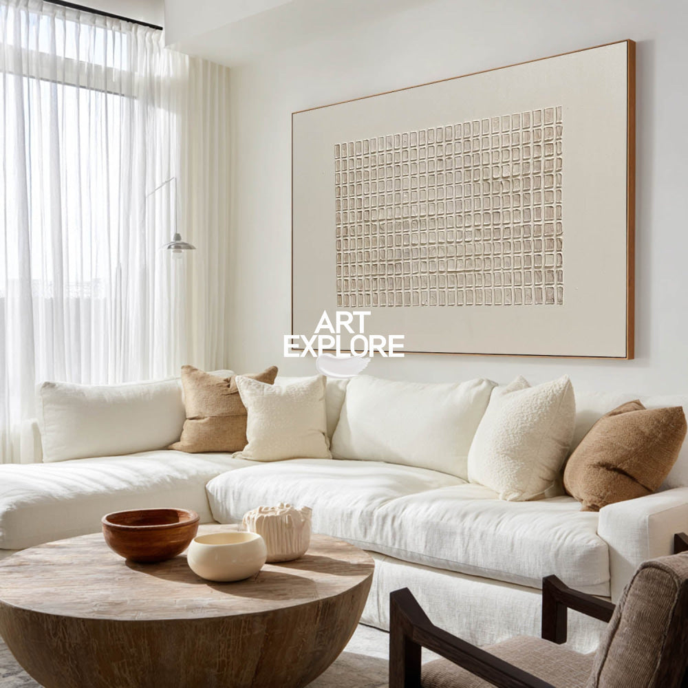 Original Wabi Sabi Art Beige Geometric Textured Painting For Modern Home Decor