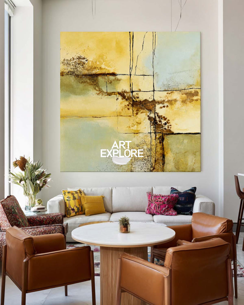 Modern Abstract Yellow Blue Green Painting With Geometric Lines For Contemporary Home Decor