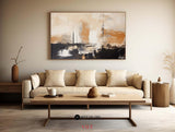 Wabi-sabi black beige canvas paintings, dark beige soft brush strokes painting for sale