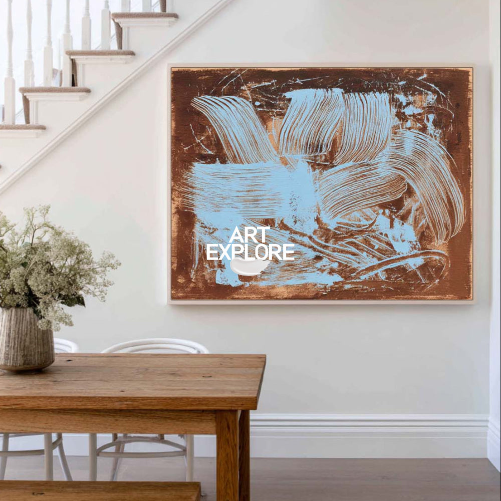 Modern Abstract Painting With Blue And Brown Textured Brushstrokes For Living Room Decor