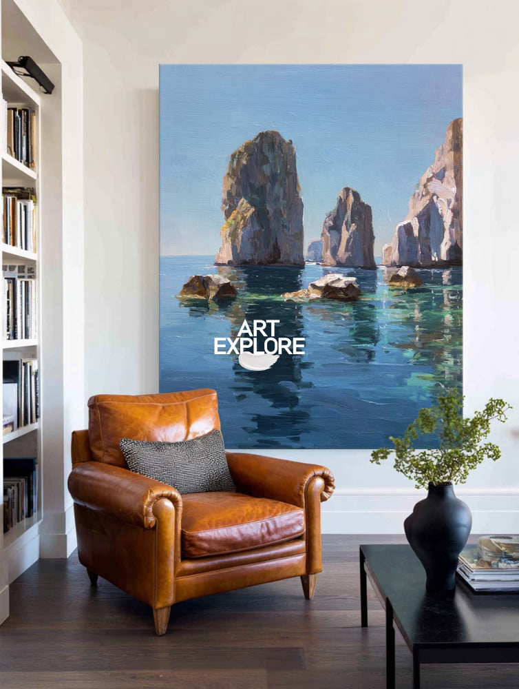 Abstract Seascape Art With Textured Rocks And Calm Blue Water For Office Decor