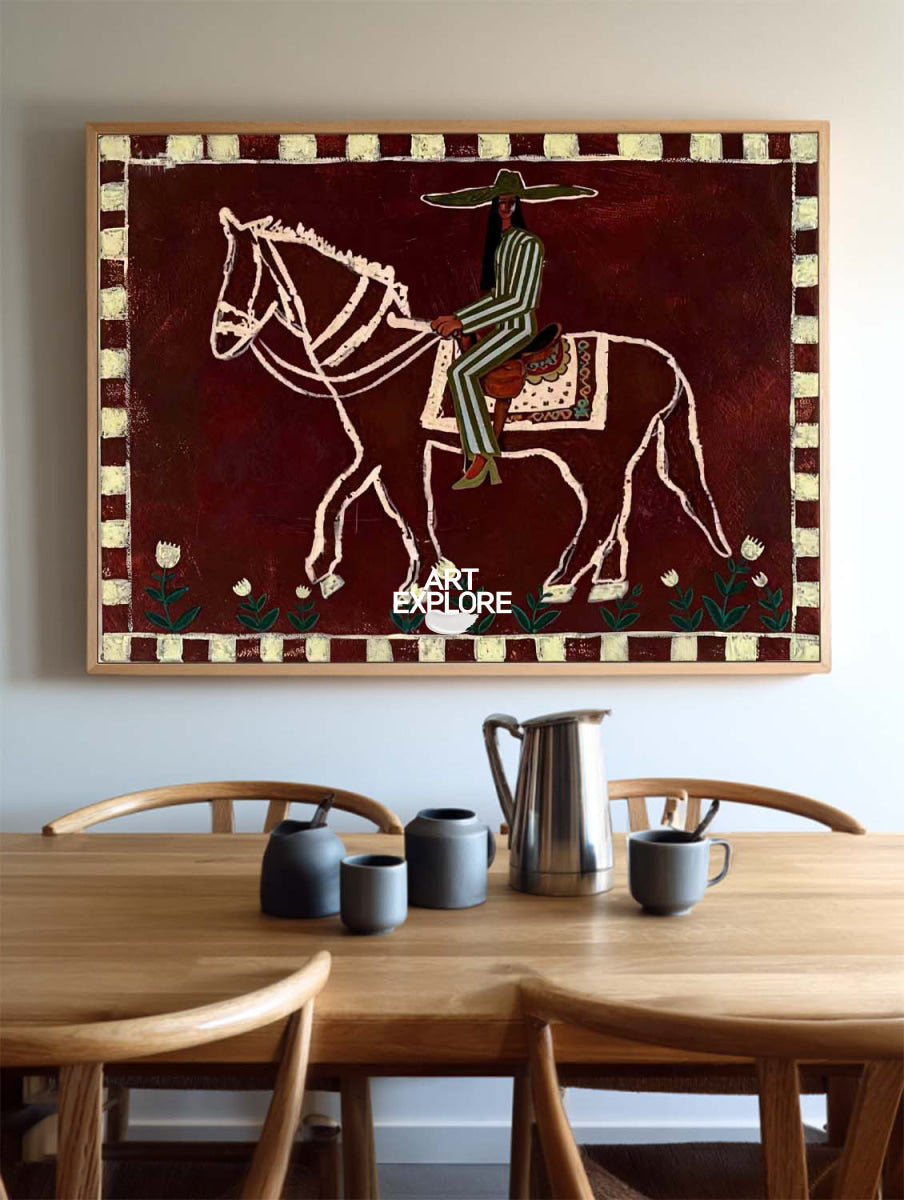 Original Folk Art Painting Of Horse And Rider In Red For Living Room Decor