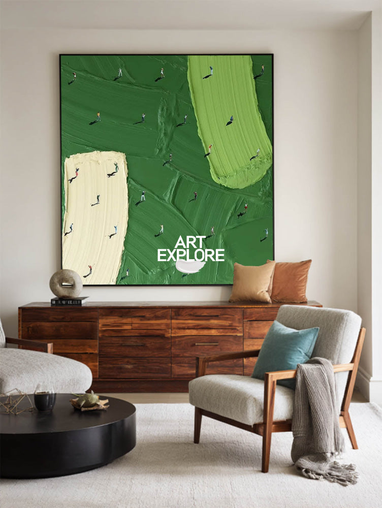 Abstract Golf Course Painting Green Beige Original Art For Living Room And Office Decor