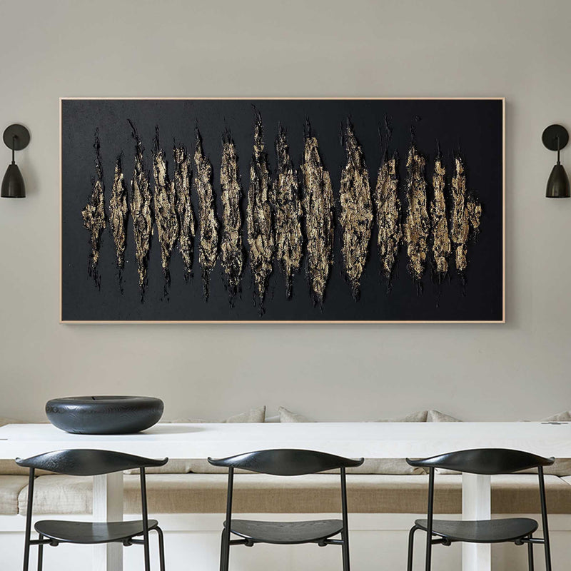 Large Black and Gold Abstract Art Minimalist Wall Art, Panoramic Canvas Wall Art Acrylic Painting