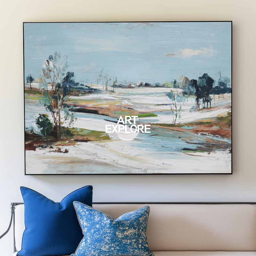 Original Oil Painting Of Frozen Shoreline In Blue Green Brown Tones Ideal For Calm And Sophisticated Interior Design
