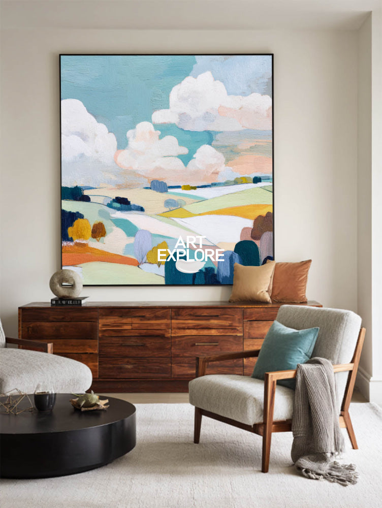 Textured Abstract Landscape Painting With Rolling Hills And Soft Colors For Modern Home Decor