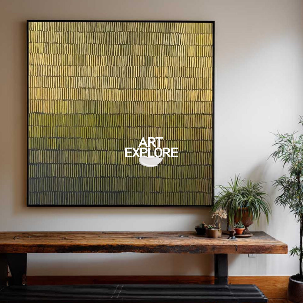 Modern Green And Gold Abstract Painting With Textured Lines For Living Room Decor