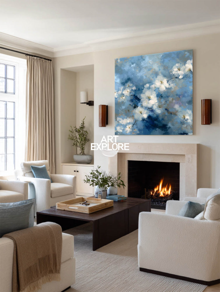 Modern Blue And White Floral Oil Painting On Canvas For Living Room Decor