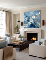Modern Blue And White Floral Oil Painting On Canvas For Living Room Decor