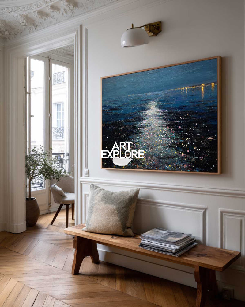 Abstract Ocean Painting With Moonlight Reflections For Modern Home Decor