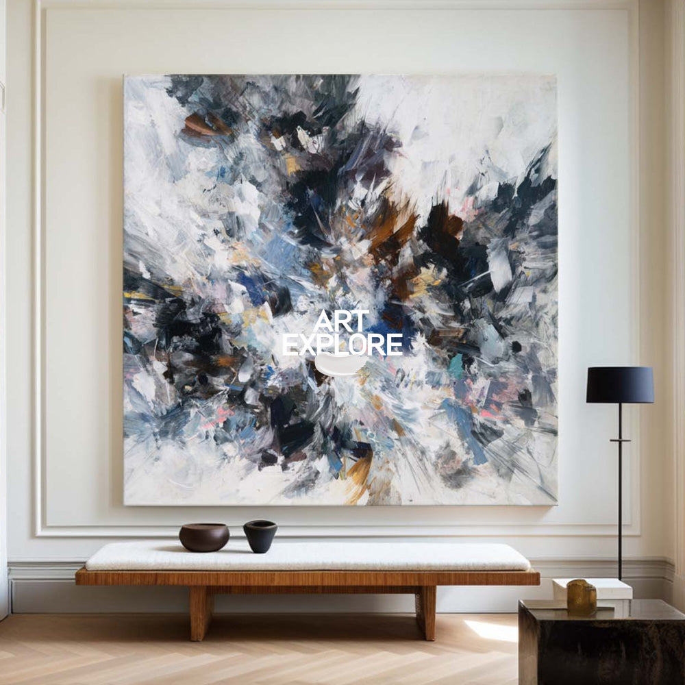 Modern Abstract Square Painting Black And White Textured Art For Living Room