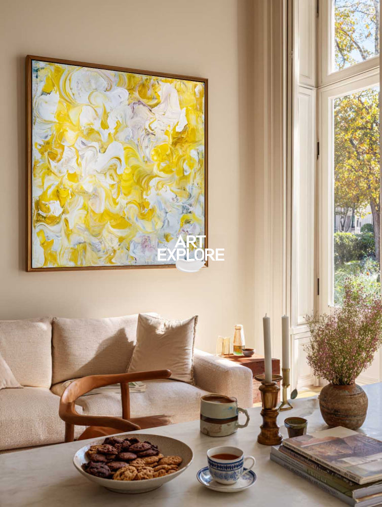 Vibrant Yellow Abstract Painting For Modern Living Room With Dynamic Brushstrokes