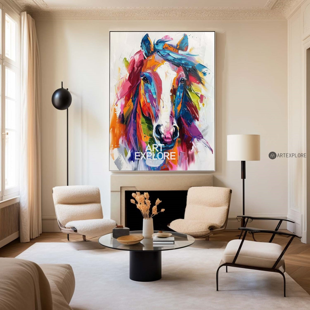 Modern Colorful Wild Horse Colorful Plaster Painting Colorful Textured Horse Wall Art for Entryway
