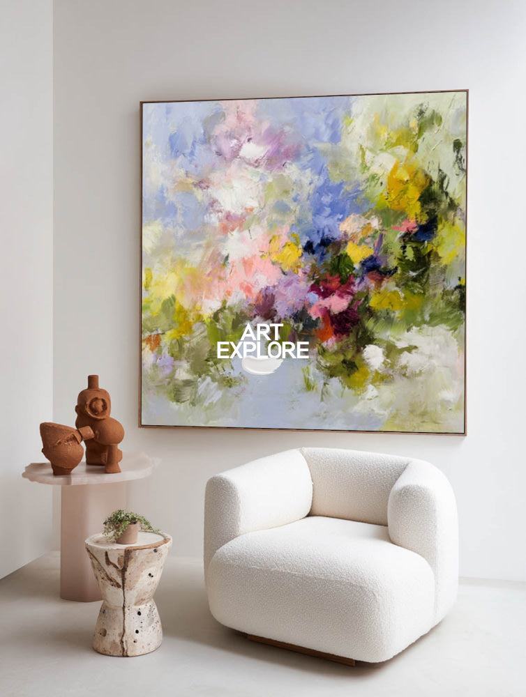 Square Abstract Meadow Painting In Pink Purple Green Yellow Blue For Bedroom Wall Art