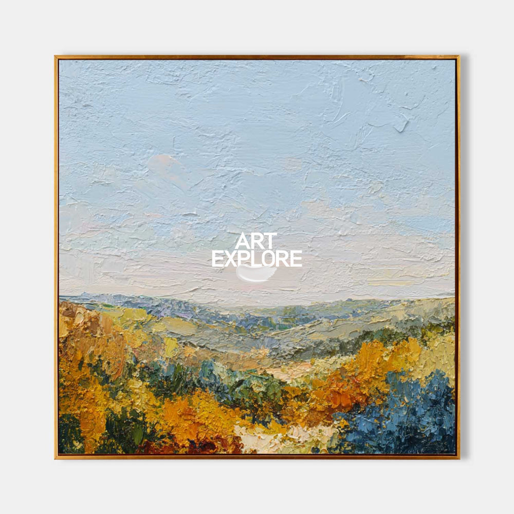 Square Original Oil Painting Of Autumn Hills With Rich Texture And Earth Tones