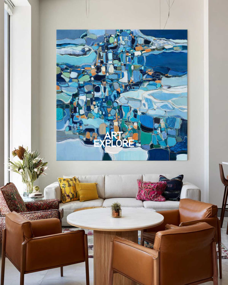 Abstract Blue Seascape Oil Painting Modern Square Canvas Art For Home Decor