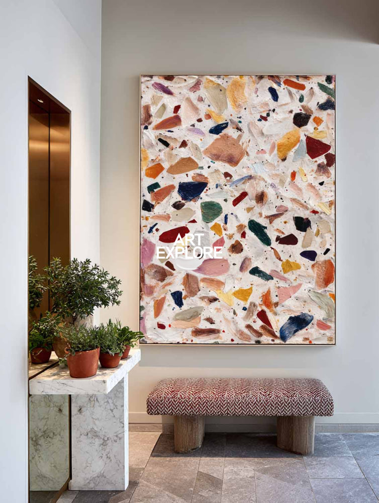 Large Vertical Contemporary Art Piece With Multicolor Mosaic Pattern For Office Wall