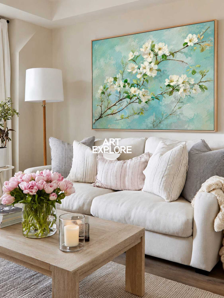 Abstract Impressionist Oil Painting Of Spring Flowers In Green And Blue Tones For Bedroom Wall Art