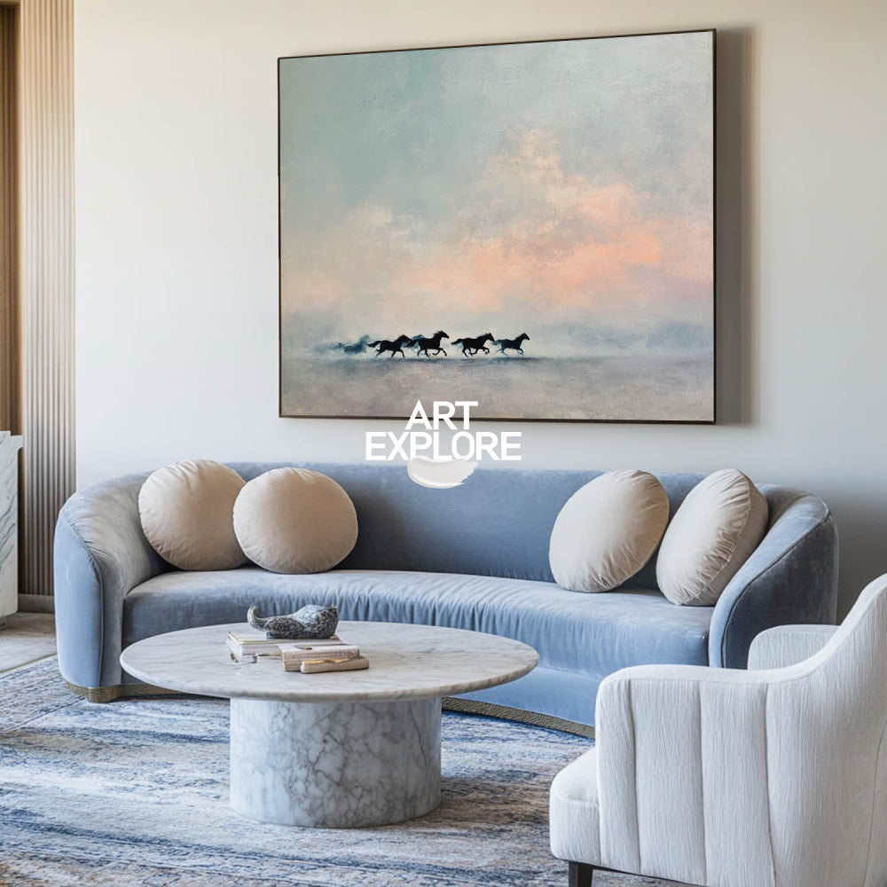 Minimalist Running Horse Painting Textured Blue Grey Wall Art For Living Room