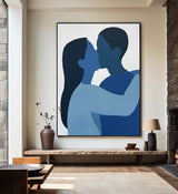 Modern Kissing Lovers Canvas Wall Art Blue Canvas Art Large Minimalist Portrait Painting For Sale