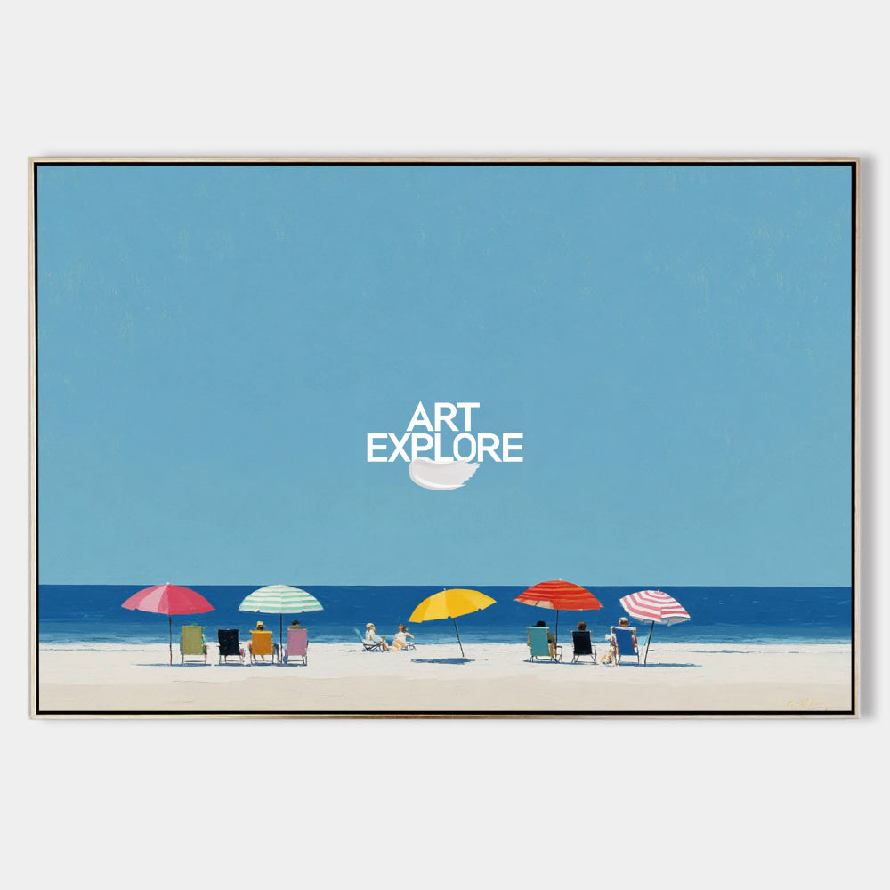 Vibrant Beach Seascape Painting With Colorful Umbrellas For Modern Coastal Home Decor