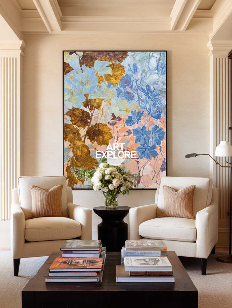 Original Blue And Gold Botanical Abstract Art Painting For Modern Home Decor