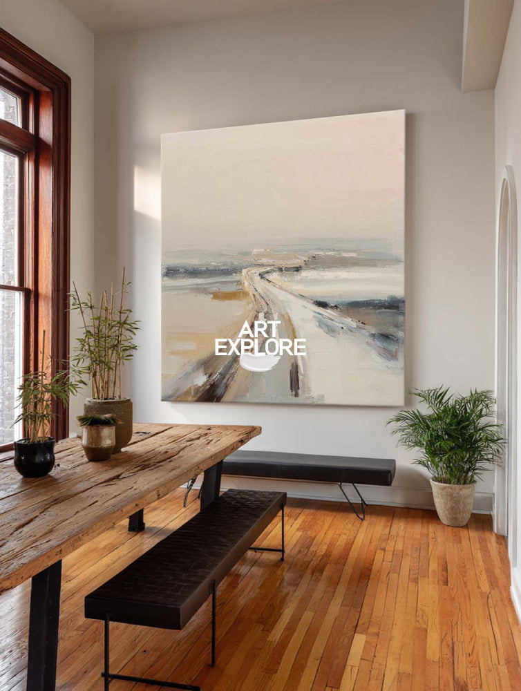 Modern Abstract Road Painting Textured Beige And Grey Square Canvas Art For Living Room