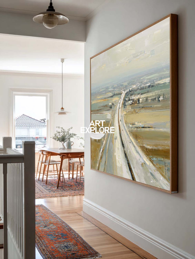 Abstract Highway Landscape Painting Textured Beige Grey Art For Modern Living Room