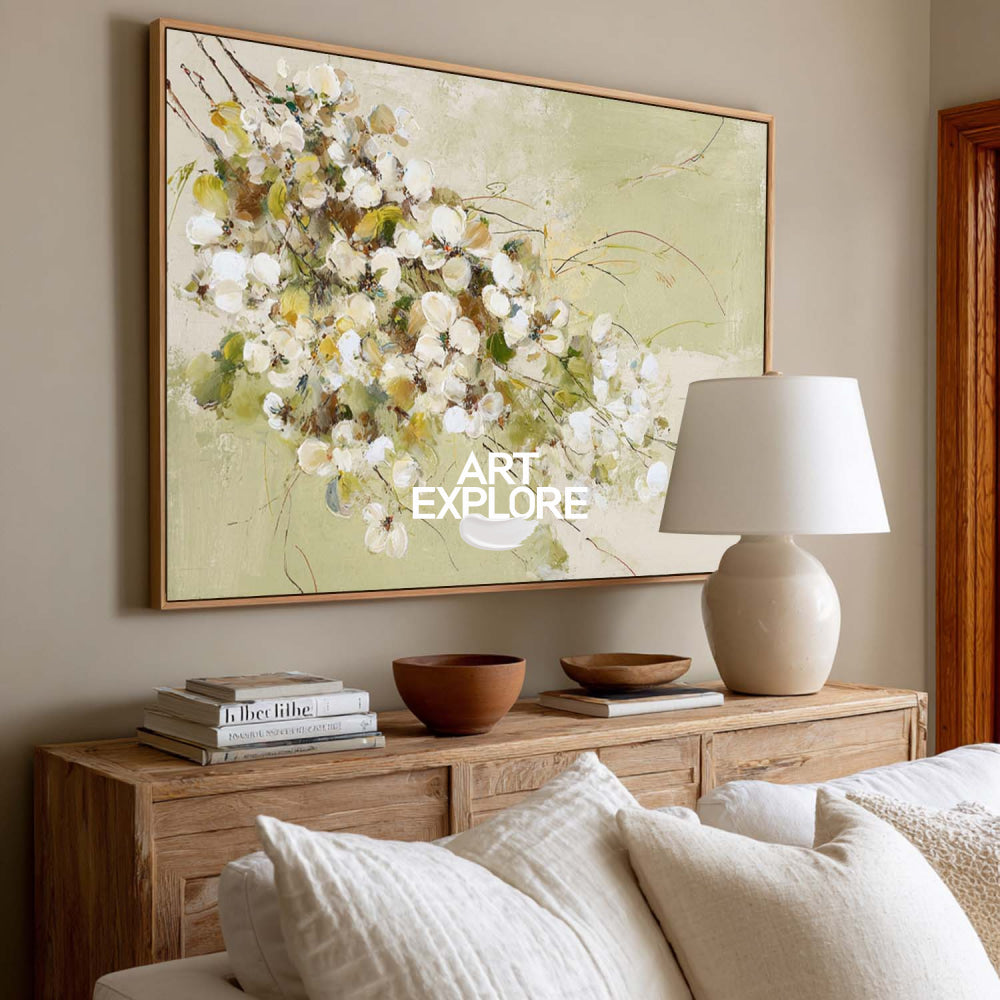 Modern Floral Oil Painting With Textured Green And White Blossoms For Living Room Decor