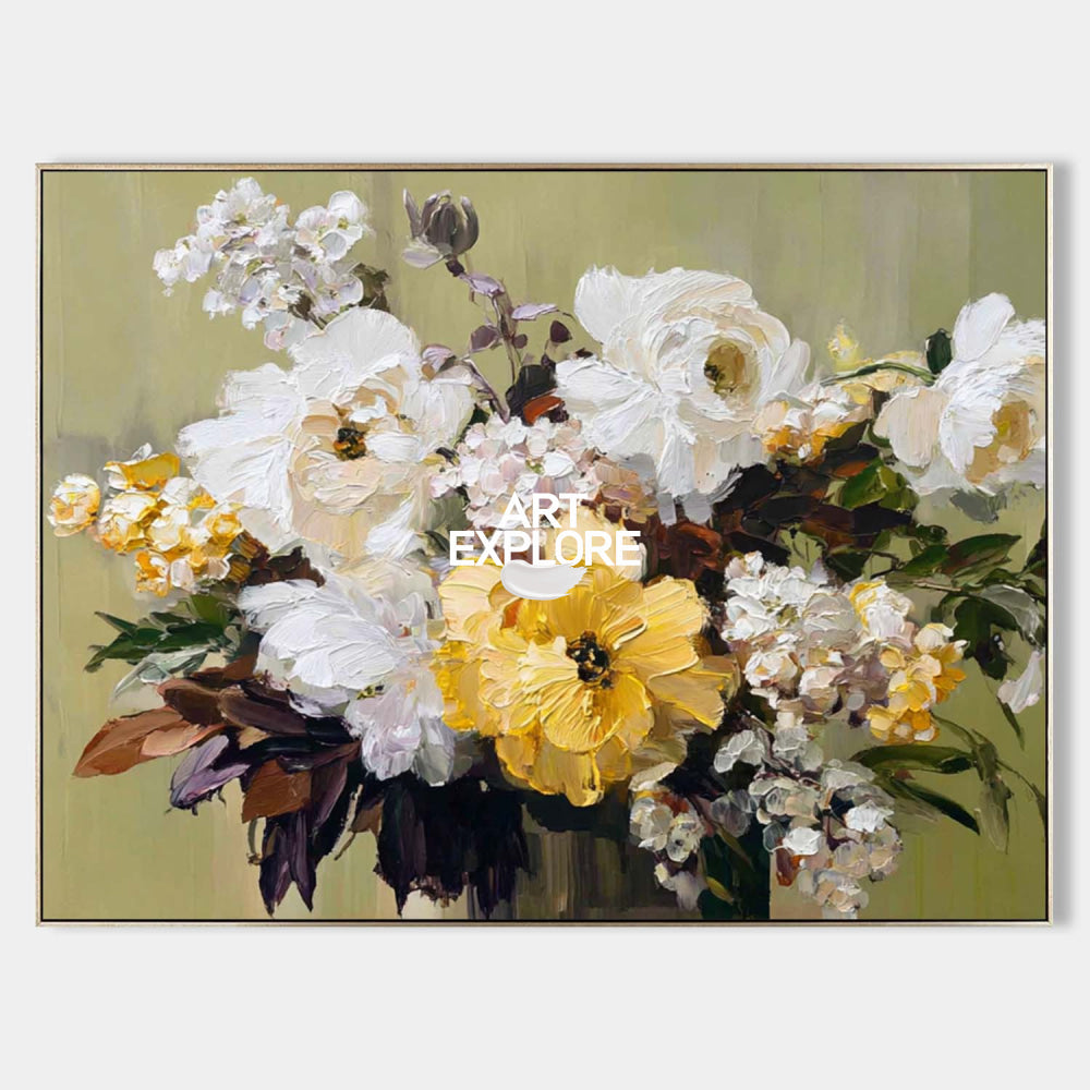 Modern Abstract Floral Oil Painting White Yellow Blossoms Textured Canvas Art For Home