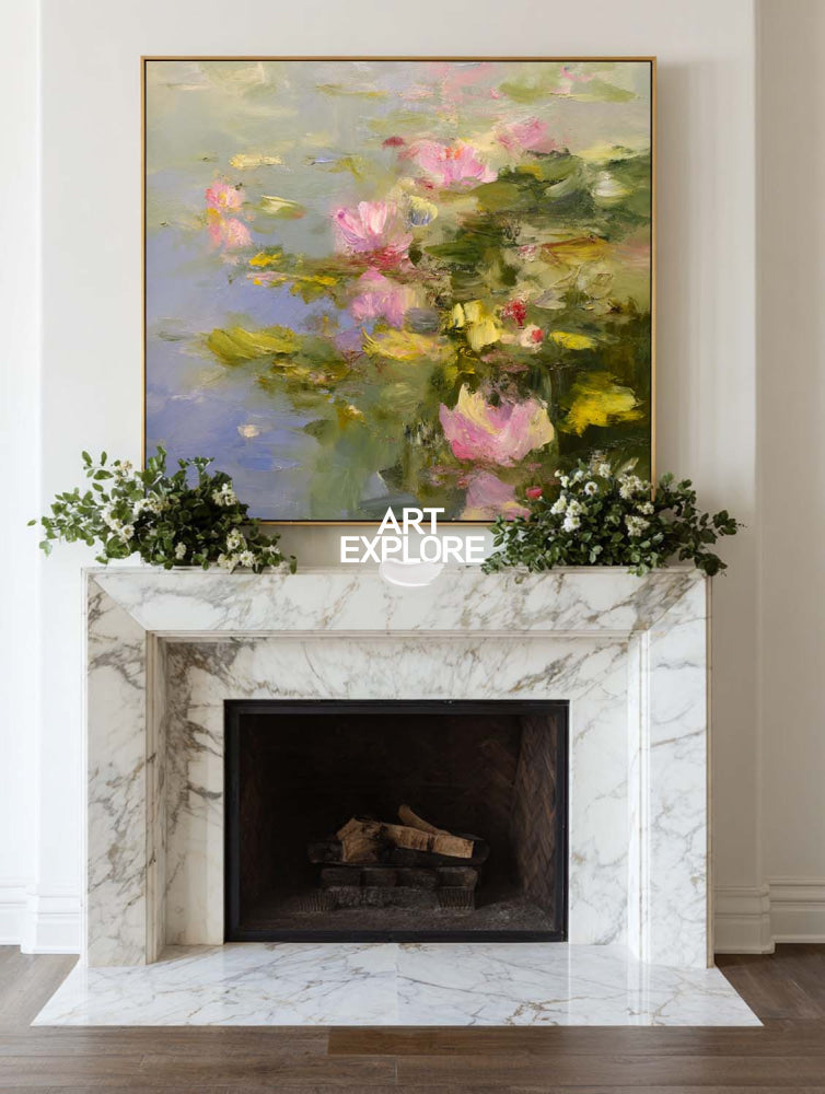 Modern Abstract Lotus Painting With Textured Brushwork For Elegant Home Decor