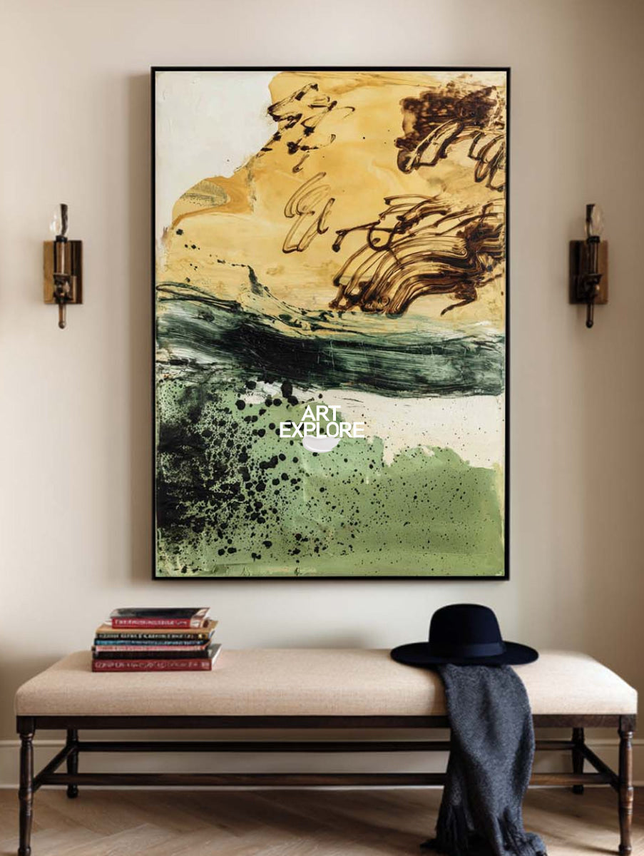 Modern Abstract Green And Gold Painting Vertical Canvas Wall Art For Living Room