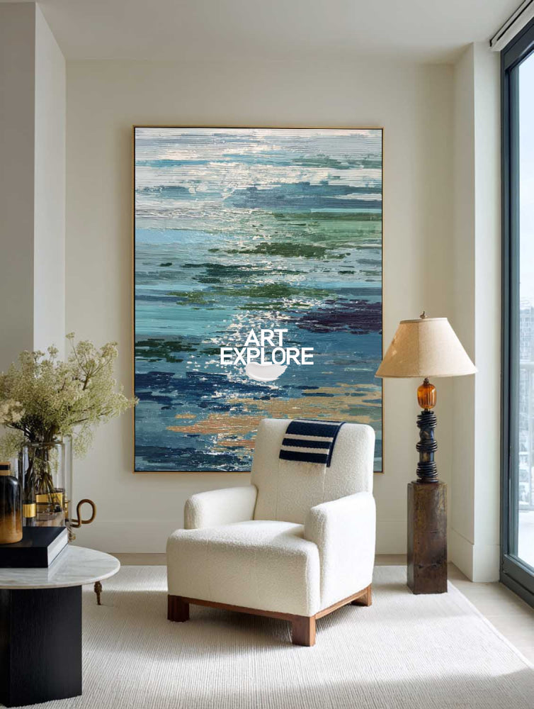 Abstract Seascape Painting With Blue Green Waves And Gold Accents For Modern Living Room Decor